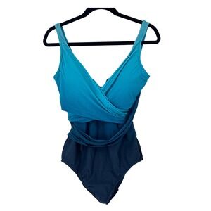 Lands End SlenderSuit Tummy Control Wrap One Piece Swimsuit Ombre Womens Size 14